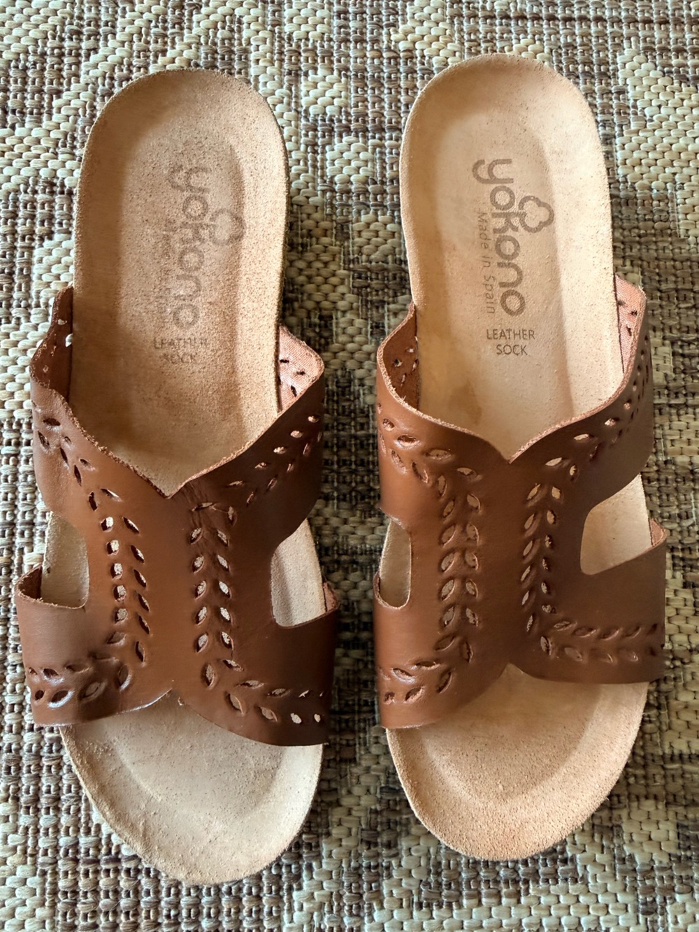 Yokono Sandal Size 8 Brown Leather Sock Low Wedge Mule Slide Cork Sole Shoe
